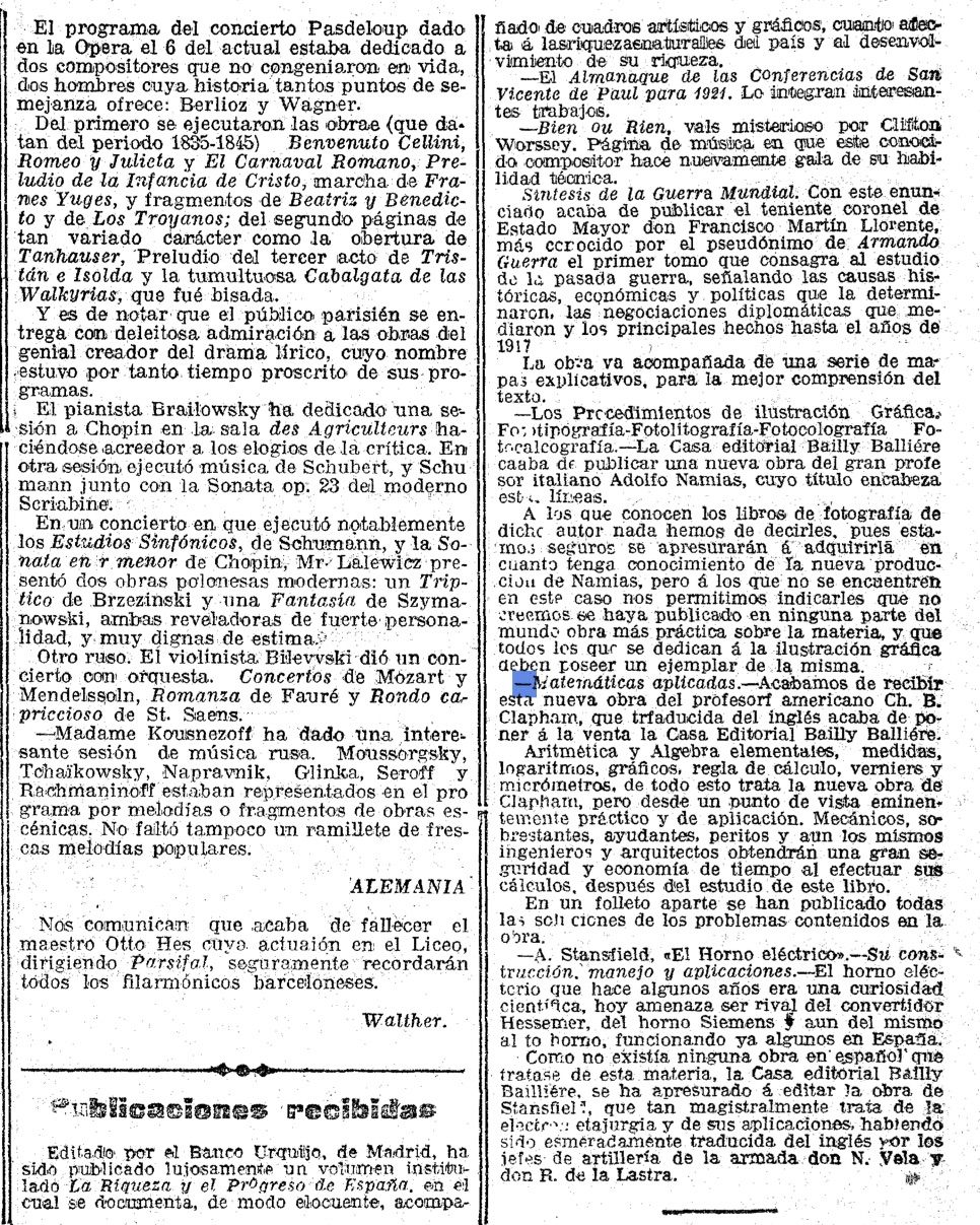1920-11-19_Reseña_de_Matemáticas_Aplicadas_de_Ch._B._Clapham 1920-11-19_Reseña_de_Matemáticas_Aplicadas_de_Ch._B._Clapham